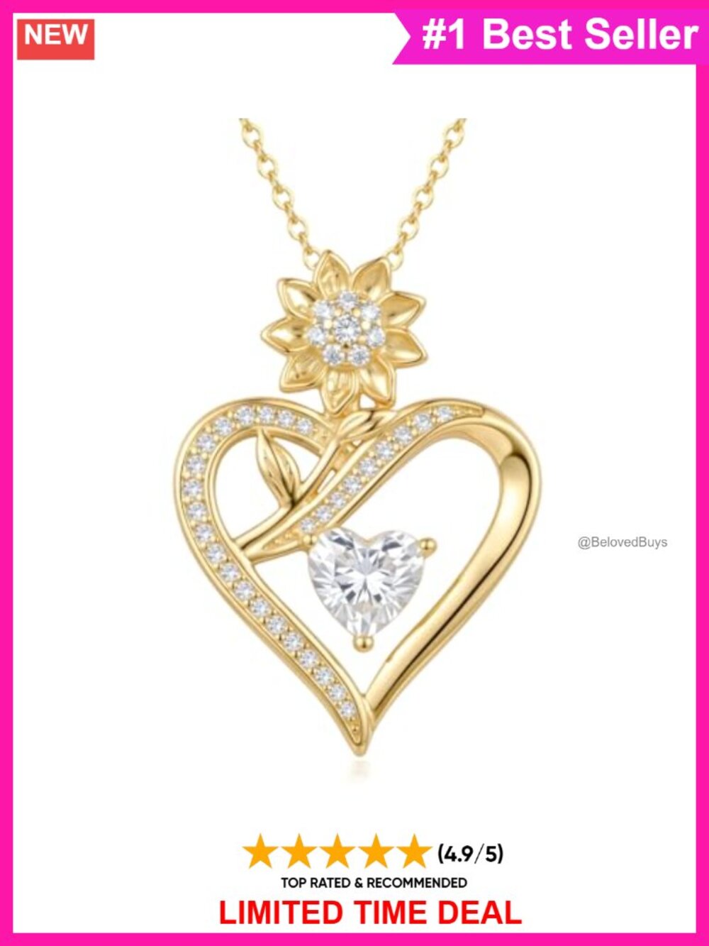 14K Gold Plated Sunflower Heart Birthstone Pendant Necklace for Women